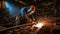 Skilled worker in protective gear expertly executing arc welding with an electric welder