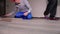 Skilled workers laying wooden oak laminate boards on floor in new room