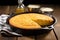 a skillet of bbq cornbread on a wooden table