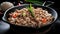 A skillet filled with meat and vegetables on top of a table. AI generative image. Philippines food Philippines food