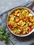 Skillet vegetarian vegetable fajitas on the gray table