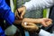 Skin allergy test preparation by doctor on a patient hand using pen to mark the allergen zone