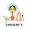 Skin beauty SPA wellness salon vector icon of woman with facial mask and cosmetic moisturizers