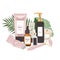 Skin care beauty products illustration, 3 step skincare routine, face serum, lotion and moisturizer, eye cream, cosmetic