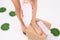 Skin care and health concept. Hair Removal. Woman waxing legs with a portable roll-on depilatory wax heater for painless