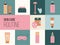 Skin Care products illustrations, skincare routine. Cream, lotion, mask, eye cream and sunscreen bottles