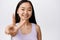 Skin care and women wellbeing. Happy asian girl without makeup, showing peace v-sign, smiling and looking cheerful at