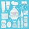 Skin cares products icons set on blue background