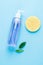 Skin cleanser with a sponge on a blue background. The concept of cosmetic facial