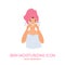 Skin moisturizing icon. Happy young girl in towel. Skincare, woman beauty routine. Vector illustration for cosmetics ad