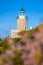 Skinari Lighthouse with flowers on Zakynthos island, Greece