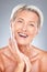 Skincare, anti aging and portrait of mature woman with smile face and manicure on studio background. Beauty, botox and