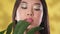 Skincare and beauty. Beautiful asian woman with smooth skin and creative makeup caressing her face with monstera leaf