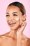 Skincare, beauty cream and face of woman in studio with cosmetics product or dermatology on pink background. Model, skin