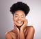 Skincare, beauty and happy black woman with smile, confidence on white background and cosmetics product. Health