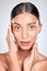 Skincare, beauty and portrait of woman with hands on white background for cosmetics, facial and health. Dermatology, spa
