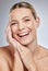 Skincare, beauty and portrait of woman with happy smile on face with studio background. Makeup, cosmetic glamour and