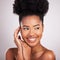 Skincare, beauty and smile, black woman with confidence, white background and cosmetics product. Health, dermatology and