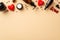 Skincare cosmetics concept. Top view photo of amber glass bottles red heart shaped candles small keys inscription love and