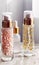 Skincare cosmetics, golden serum emulsion bottles, beauty product