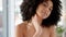 Skincare, face and woman in bathroom for beauty, facial and cleaning, happy and relax. Portrait, black woman and face