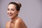 Skincare, happy and portrait of woman in a studio with health, wellness and dermatology routine. Cosmetic, confident and