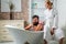 Skincare. Morning sexy couple. Couple of sensual girl and naked man trimming beard. Happy young couple in bathroom at