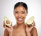 Skincare, portrait and woman with avocado in studio for healthy skin, wellness and nutrition. Female model, face and