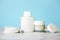 Skincare products.Cream jars,lotion, exfoliating cream and a cotton discs