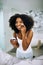 Skincare, smile and portrait of black woman in bathroom mirror with cream, dermatology and morning routine. Health