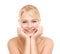 Skincare, smile and portrait of woman in studio with natural, health and wellness face routine. Cosmetic, beauty and