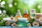 Skincare subcutaneous cream, anti aging hydrotherapy massage. Face maskexfoliation. Beauty foam support Product tea tree oil jar