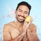 Skincare, water and portrait of man with a lemon in studio for healthy, organic and natural face routine. Health