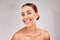 Skincare, wellness and portrait of latino woman with smile on gray background in studio. Beauty, dermatology and face of