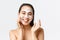 Skincare, women beauty, hygiene and personal care concept. Close-up of happy smiling asian woman standing naked in bath