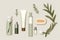 Skinimalism or skin minimalism concept. Set of cosmetic products and green leaves. Different containers for cosmetic advertising.