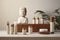 Skinimalism or skin minimalism concept. Set of cosmetics in zen style. Spa products, stone, buddha statue