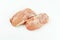 Skinless chicken meat.Top view.Raw fresh skinless chicken leg and thigh meat on a white background.Ogranic food,healthy