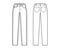 Skinny Jeans Denim pants technical fashion illustration with full length, low waist, rise, curved, coin angled 5 pockets