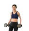Skinny woman is holding dumbbell for fitness working out isolated