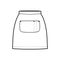Skirt apron technical fashion illustration with mini silhouette, pencil fullness, big center pocket Flat bottom template