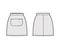 Skirt apron technical fashion illustration with mini silhouette, pencil fullness, big center pocket Flat bottom template