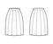 Skirt box pleat technical fashion illustration with below-the-knee silhouette, thin waistband, side zipper. Flat
