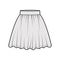 Skirt dirndl technical fashion illustration with above-the-knee lengths, circular fullness, thick waistband. Flat bottom