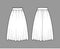 Skirt dirndl technical fashion illustration with below-the-knee lengths, semi-circular fullness, thick waistband . Flat