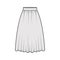Skirt dirndl technical fashion illustration with below-the-knee lengths, semi-circular fullness, thick waistband . Flat
