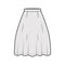 Skirt flared skater technical fashion illustration with below-the-knee silhouette, semi-circular fullness. Flat bottom