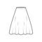 Skirt flared skater technical fashion illustration with knee lengths, A-line fullness, thin waistband . Flat bottom