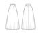 Skirt maxi dirndl technical fashion illustration with floor ankle lengths silhouette, semi-circular fullness Flat bottom