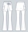 Skirt Over Pants fashion flat technical drawing template. Flared Pants technical fashion illustration, pockets, buckle